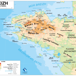 Carte physique de Bretagne (en breton, à la manière des cartes scolaires)