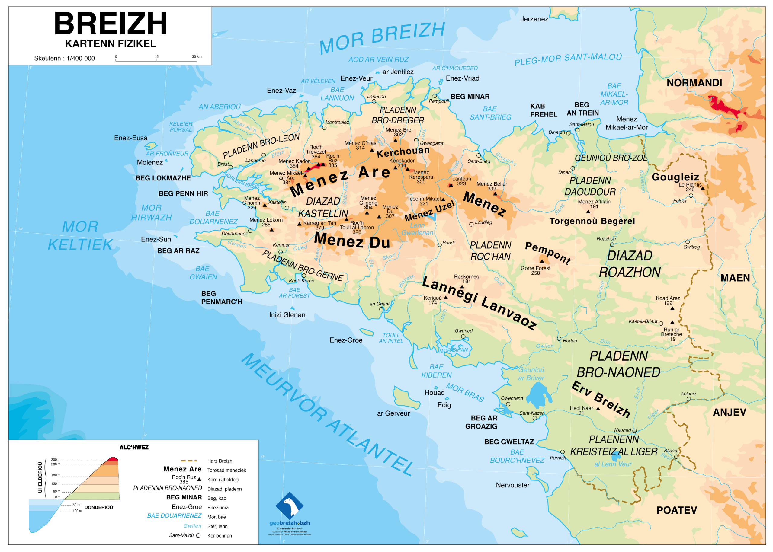 Carte physique de Bretagne (en breton, à la manière des cartes scolaires)