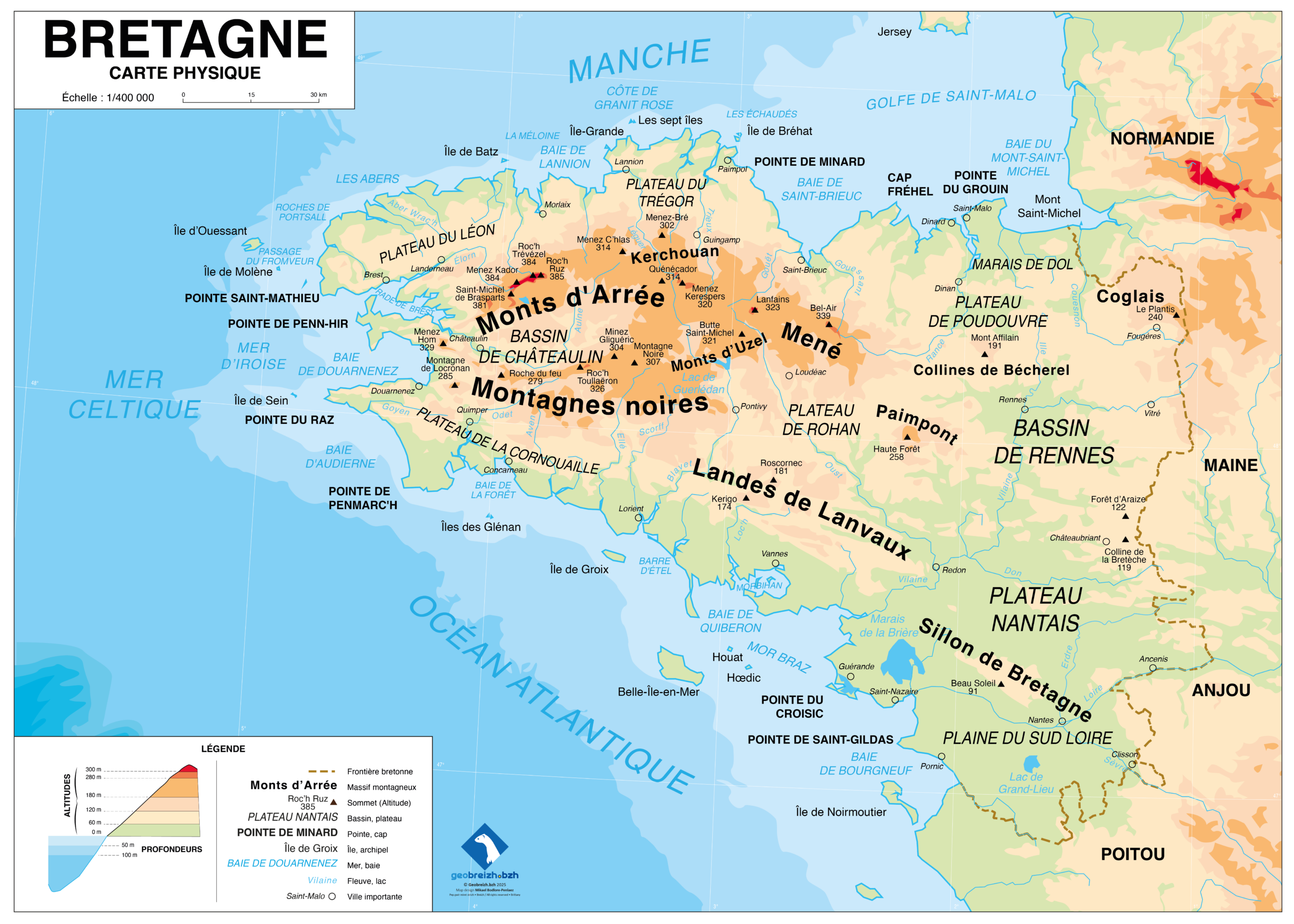 Carte physique de Bretagne (à la manière des cartes scolaires)