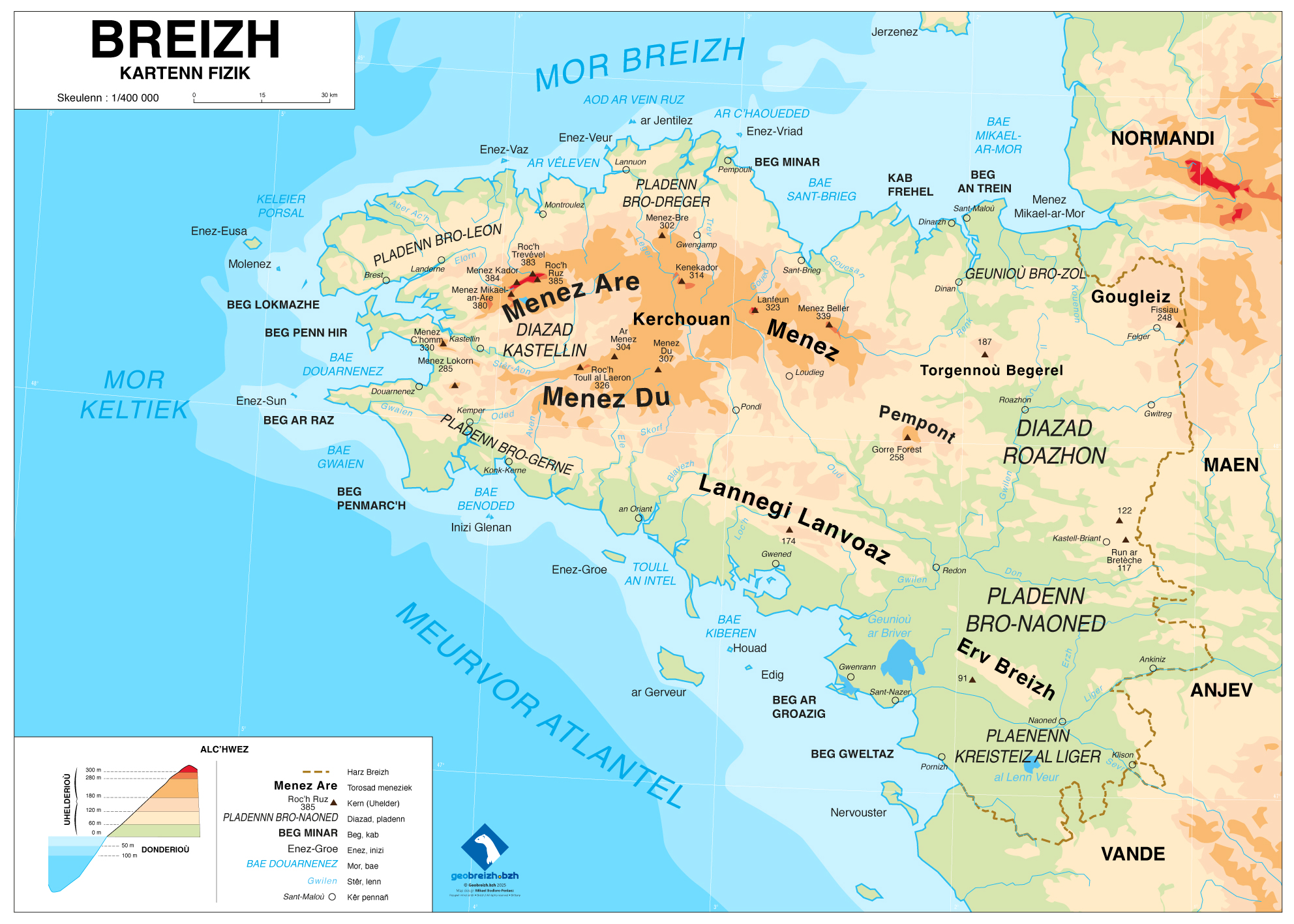 Carte physique de Bretagne (en breton, à la manière des cartes scolaires)