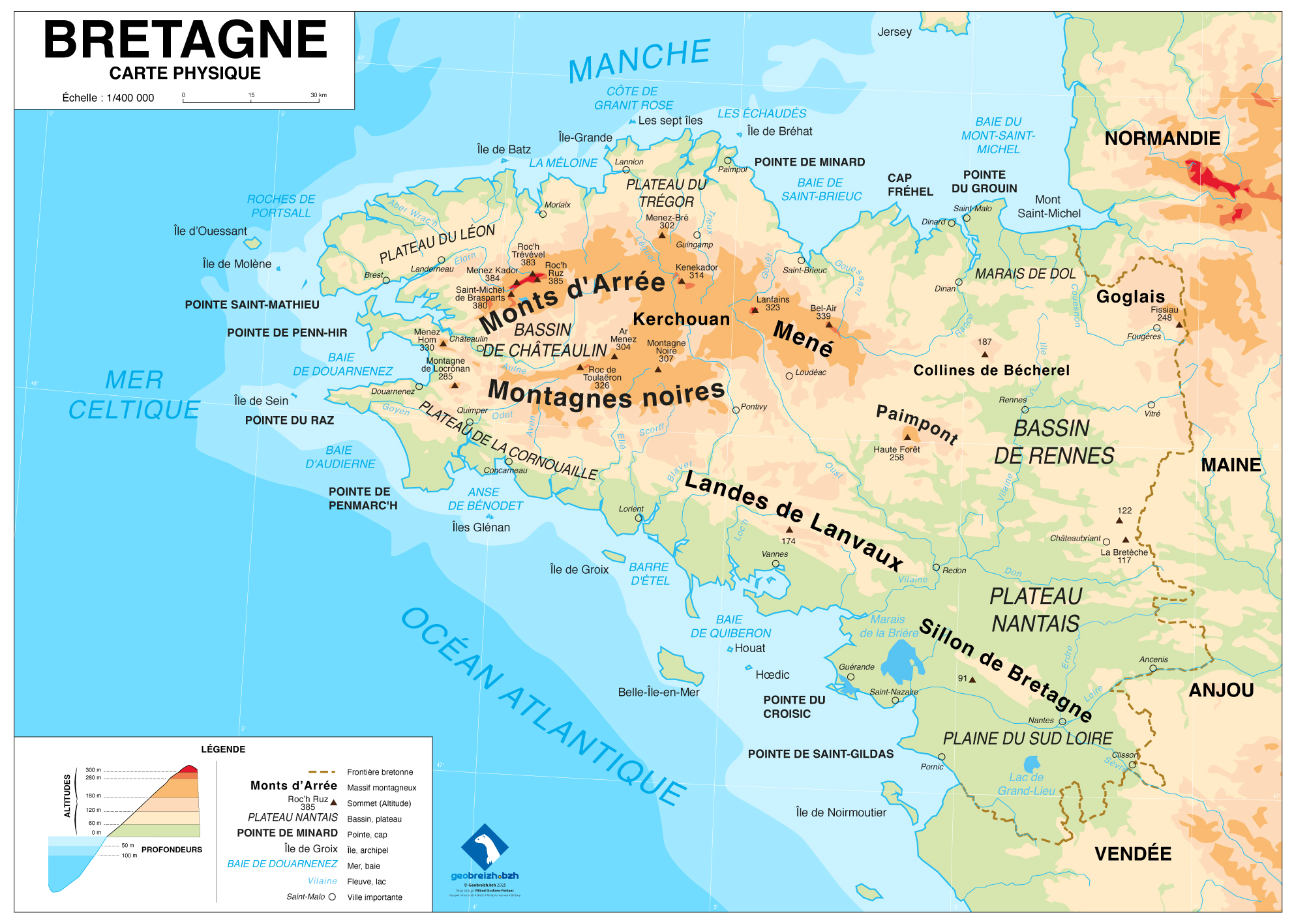 Bretagne, carte physique à la manière des cartes scolaires