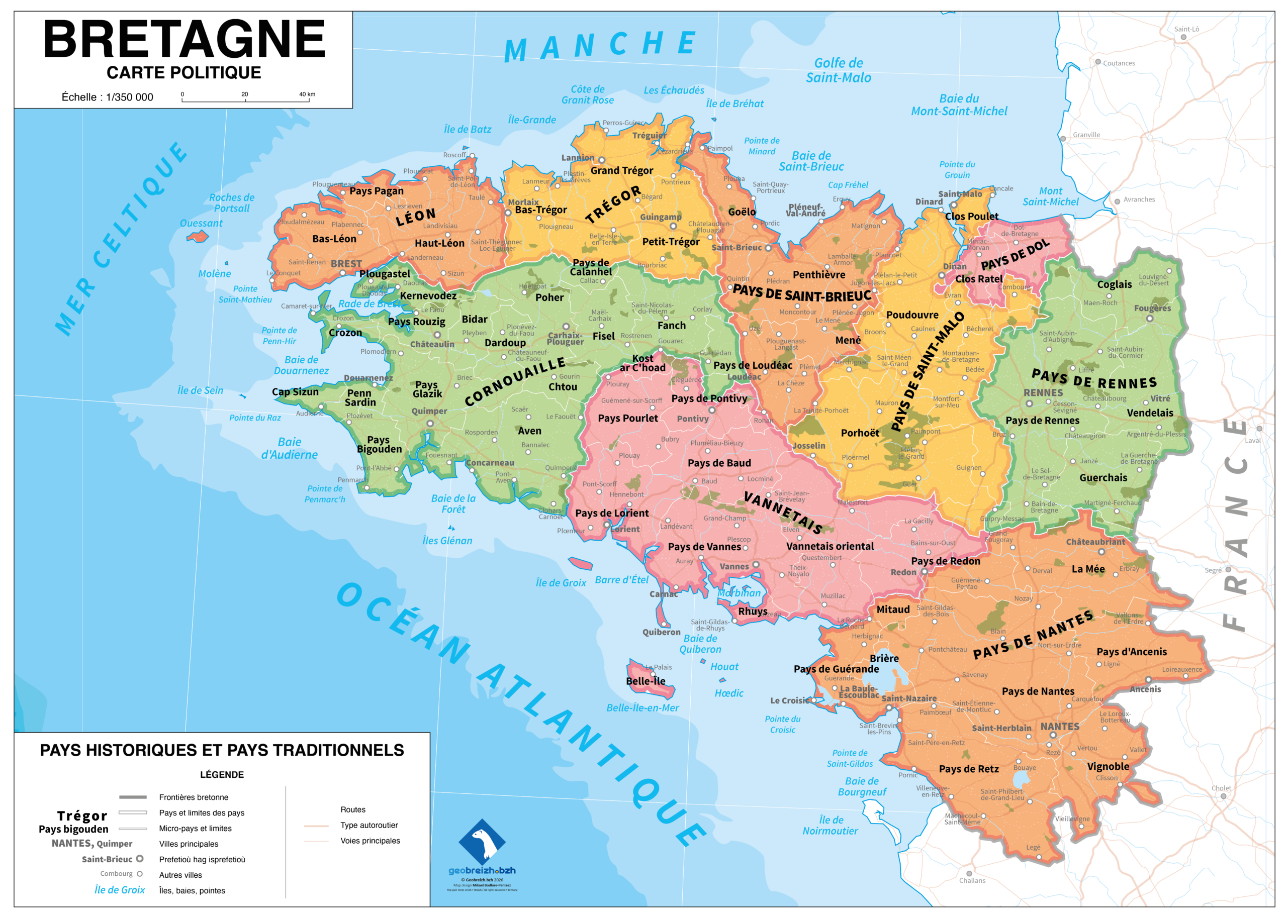 Carte des neuf pays historiques de Bretagne (à la manière des cartes scolaires)