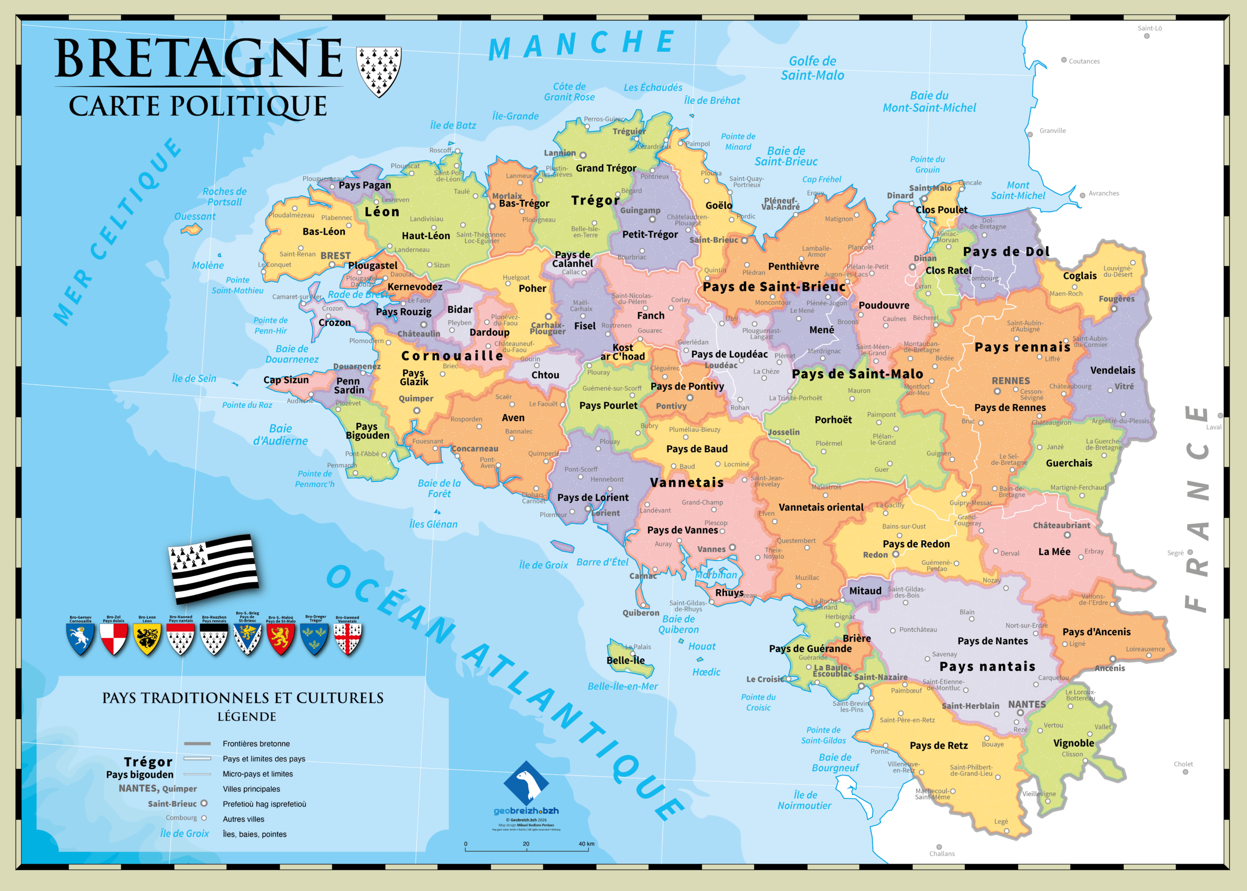 Bretagne, carte des pays traditionnels et culturels de Bretagne, façon carte ancienne