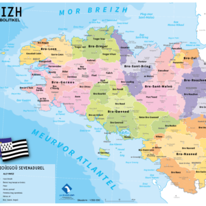 Breizh, kartenn ar peier (carte en breton : Bretagne, carte des micro-pays par pays historique, façon design graphique)
