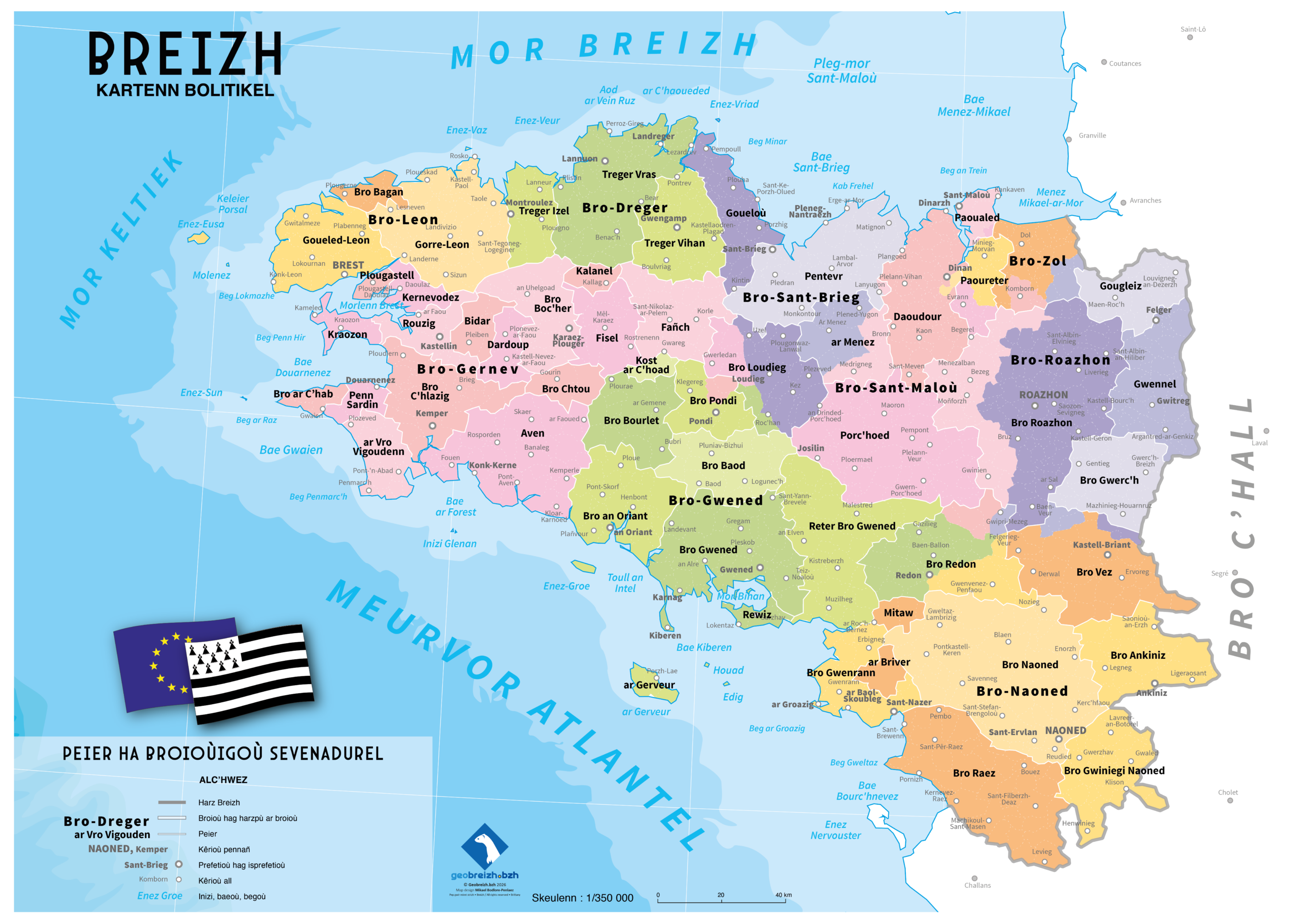 Breizh, kartenn ar peier (carte en breton : Bretagne, carte des micro-pays par pays historique, façon design graphique)