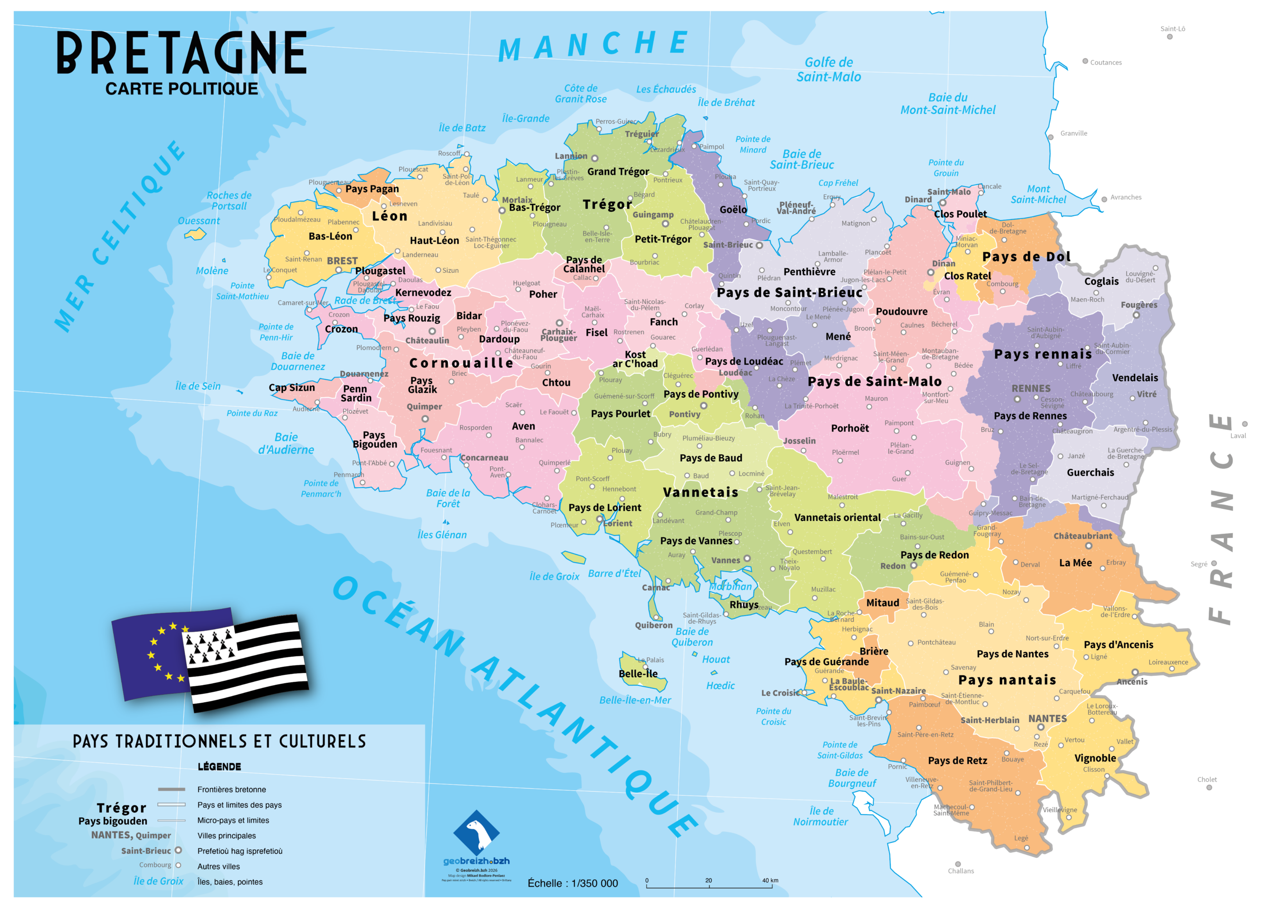 Bretagne, carte des pays traditionnels de Bretagne (par pays historique), façon design graphique
