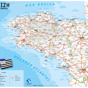 Breizh, kartenn heñtoù (carte en breton : Bretagne, carte routière, façon carte design graphique)