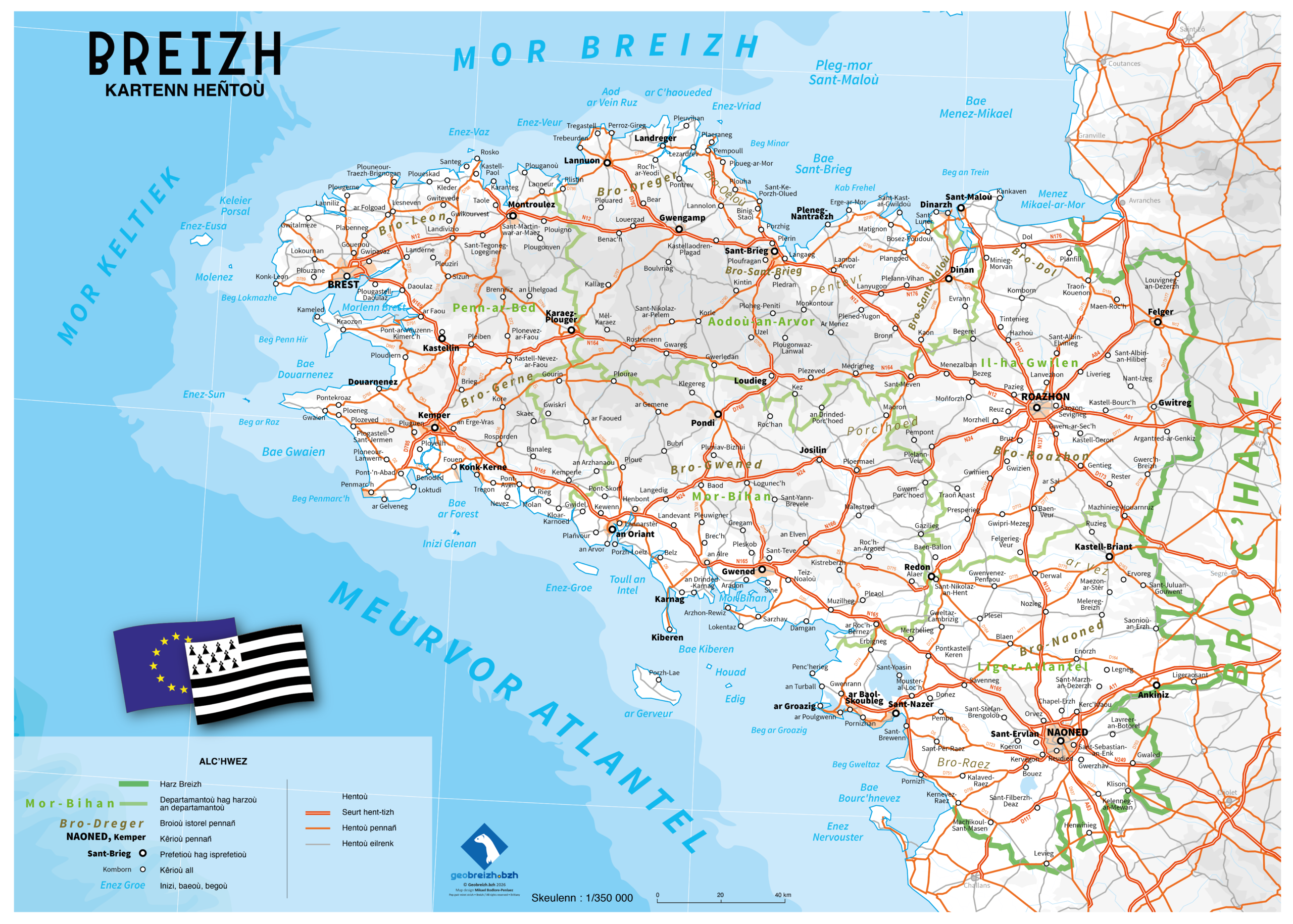 Breizh, kartenn heñtoù (carte en breton : Bretagne, carte routière, façon carte design graphique)